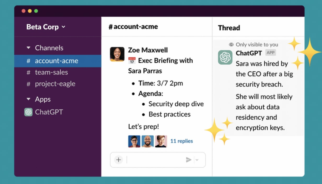 Screenshot of the ChatGPT plugin working in Slack.