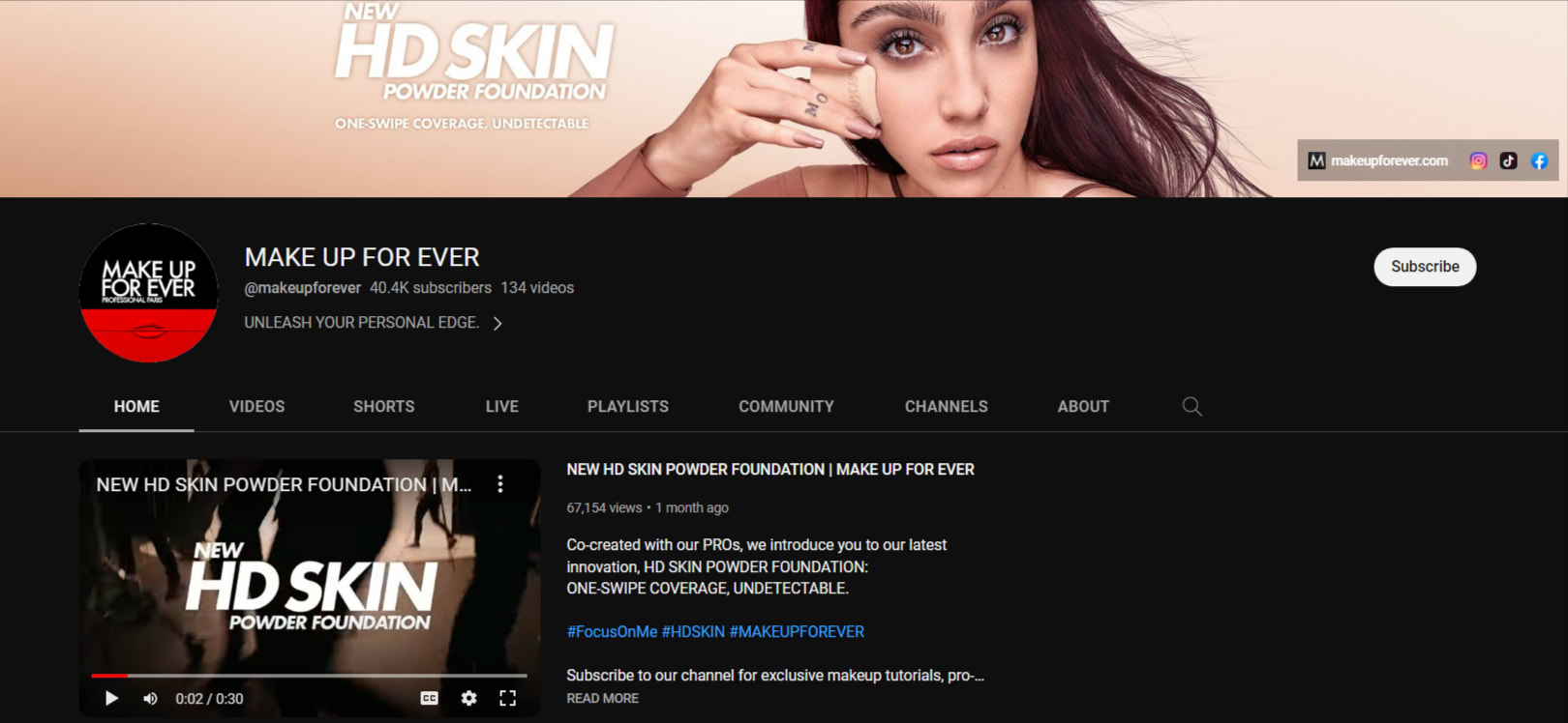 Make Up For Ever’s YouTube channel