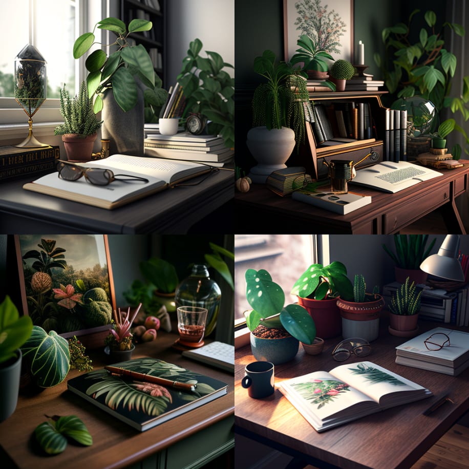 Prompt: “Work desk with plants and books -- s 1000”