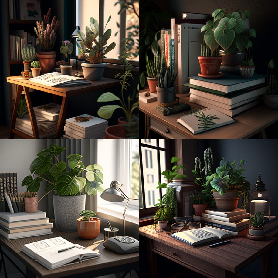 Prompt: “Work desk with plants and books -- s 50” 