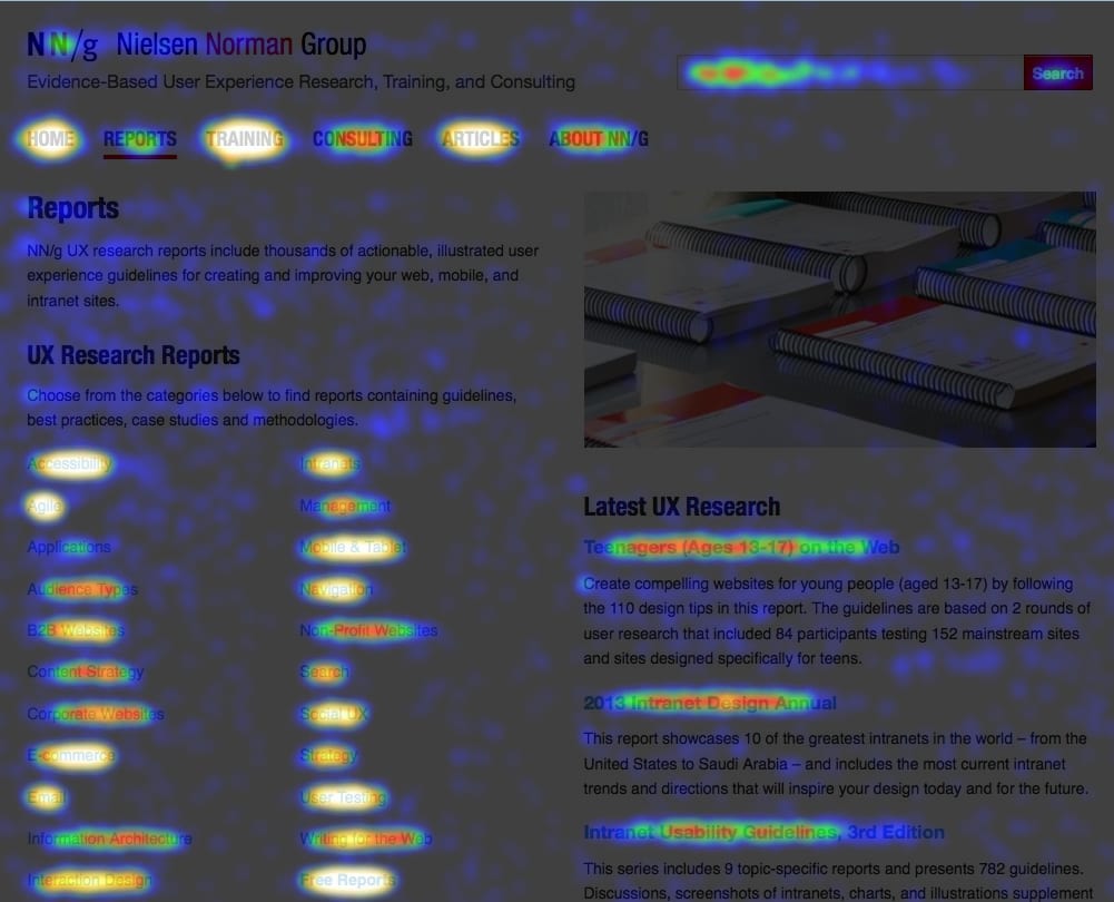 Example of a heatmap of a website showing areas that users click on or hover on the most