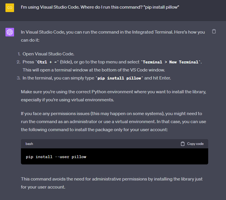 Asking ChatGPT how to install a Python library.