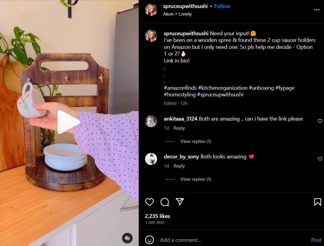 An example of a product video by an interior decorating influencer on Instagram.