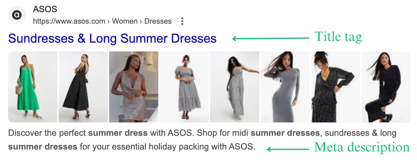 Example of a title tag and meta description for the search “women's summer dresses.”