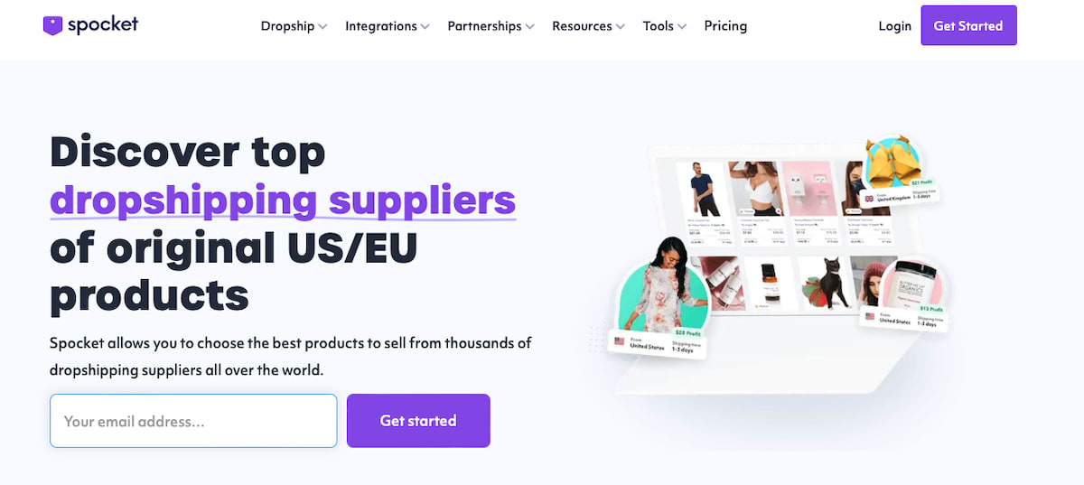sprocket droshipping supplier homepage with signup option