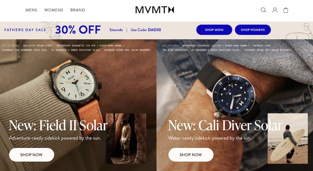 MVMT landing page shows a fathers day sale up to 30% off