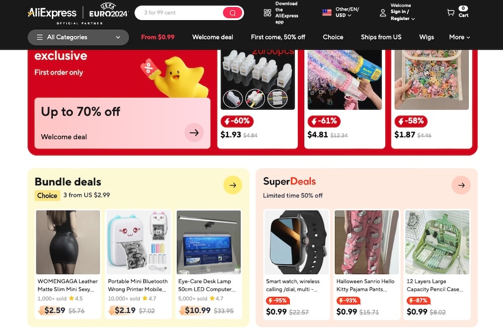 aliexpress homepage showing bundle and welcome deals up to 70% off