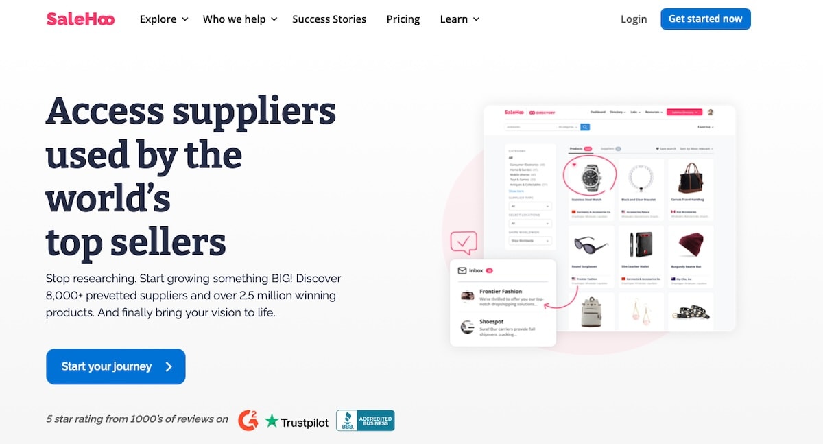 salehoo landing page showing UI for finding suppliers