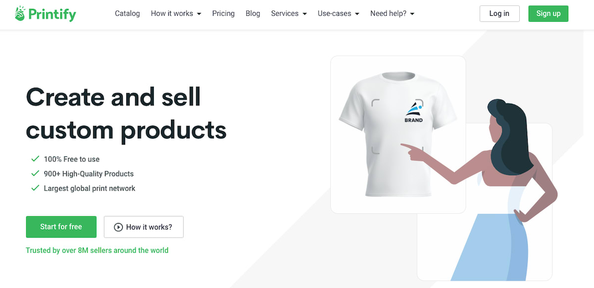 printify homepage showing woman creating a tshirt