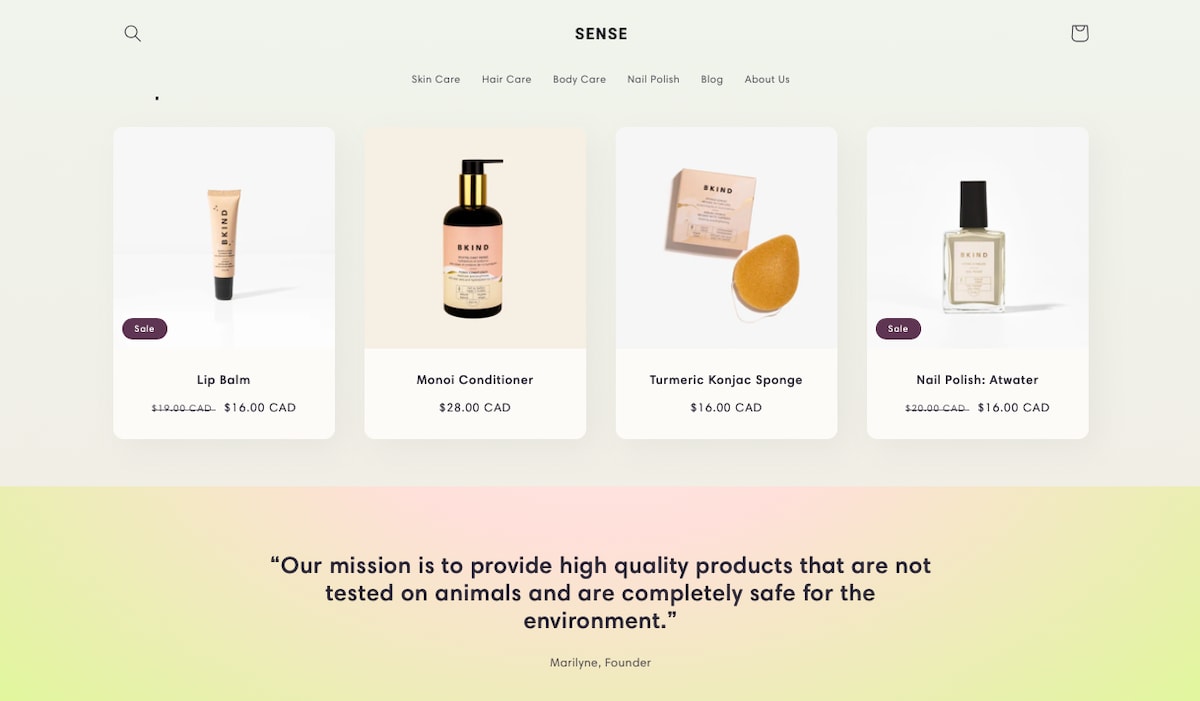 sense ecommerce template with products