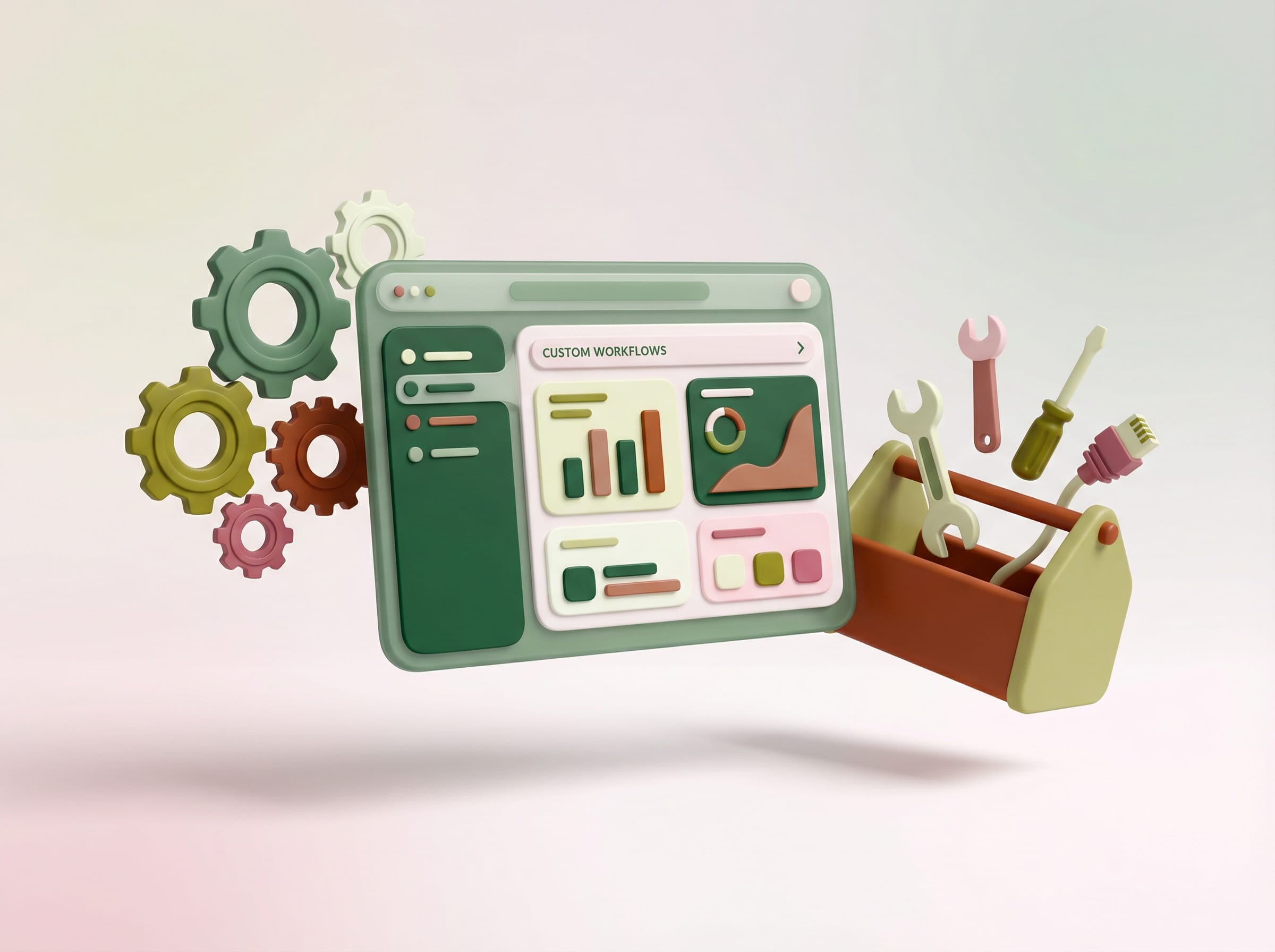 3D illustration of a workflow dashboard with charts, gears, and a toolbox