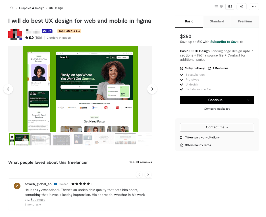 Fiverr Seller offering UX design for web and mobile in Figma, showing package options and customer reviews
