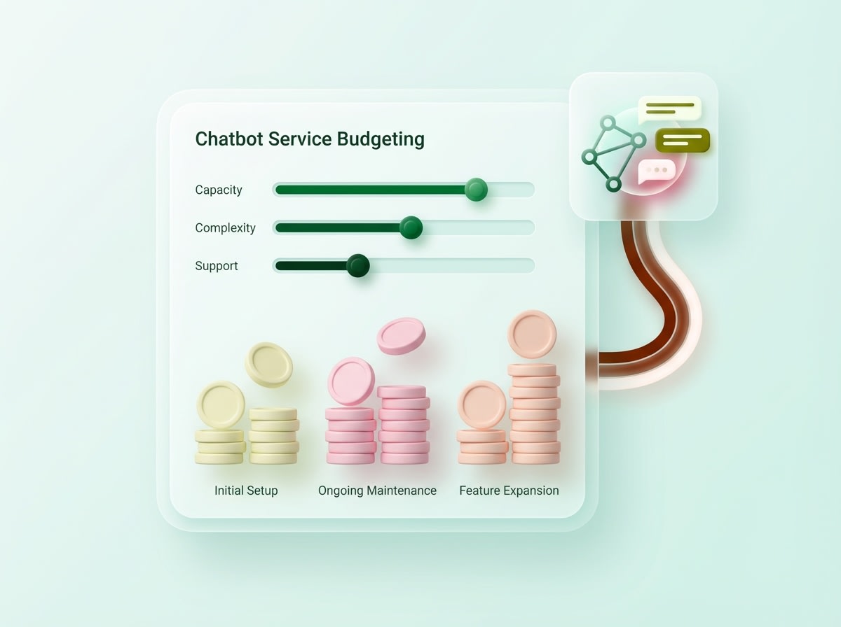 3D illustration of a chatbot budgeting dashboard with sliders and cost breakdown stacks