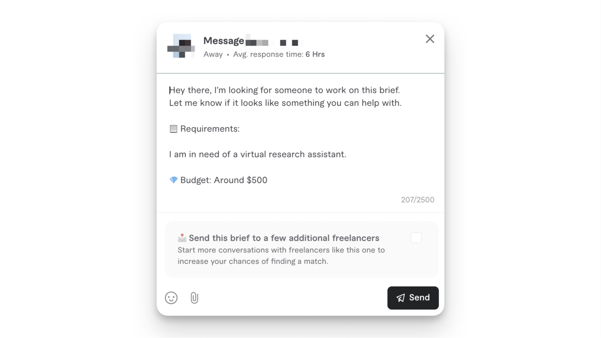 Message form on Fiverr seeking a research assistant with budget and requirements