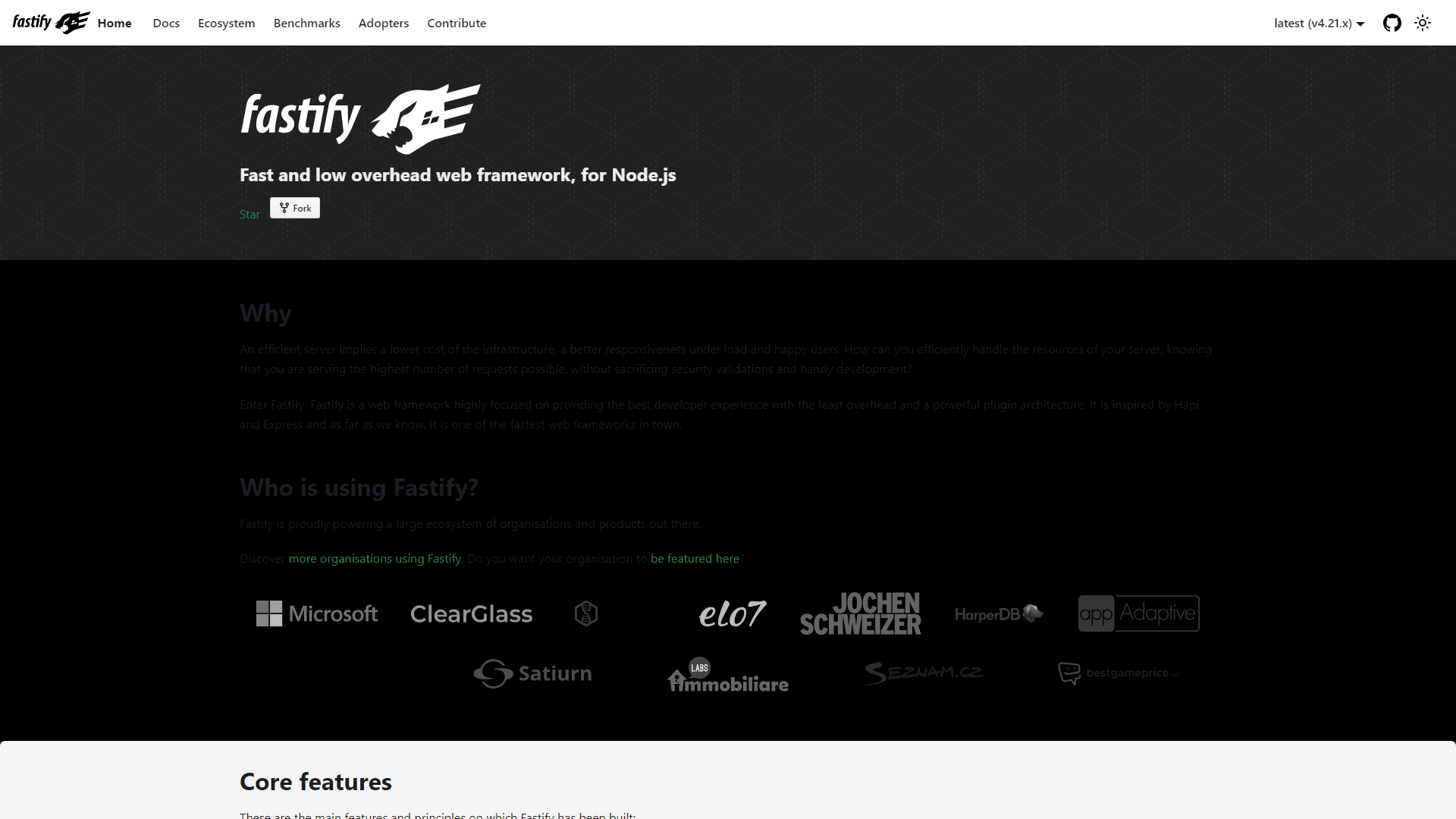 Screenshot of Fastify website