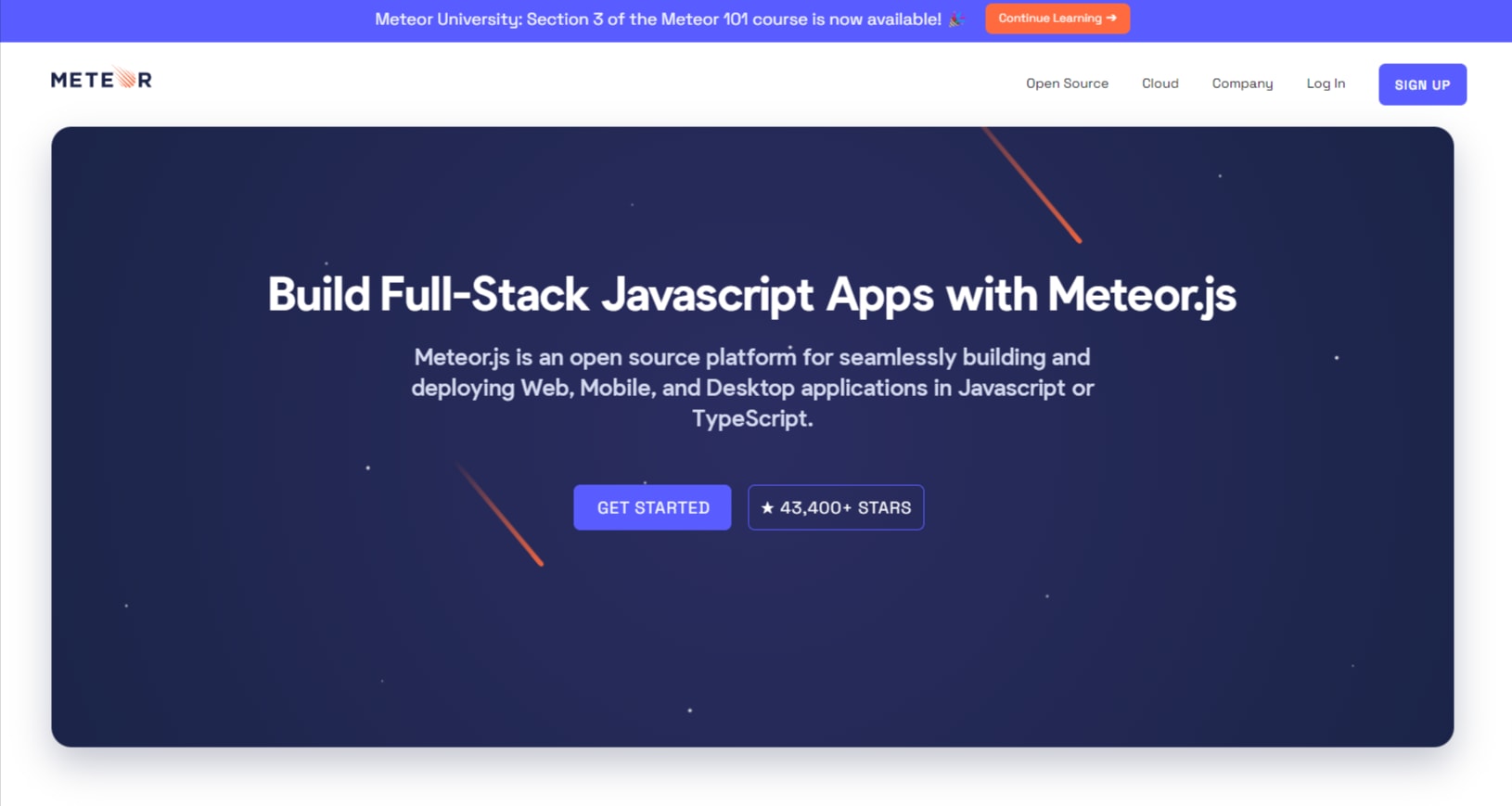 Screenshot of Meteor.js website
