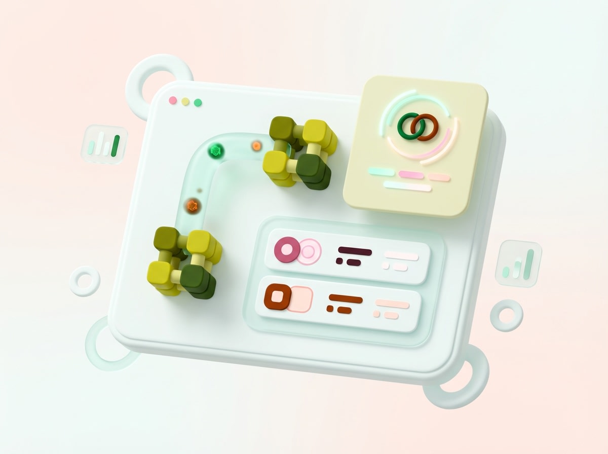 3D illustration of a web interface with workflow blocks, linked elements, and performance metrics