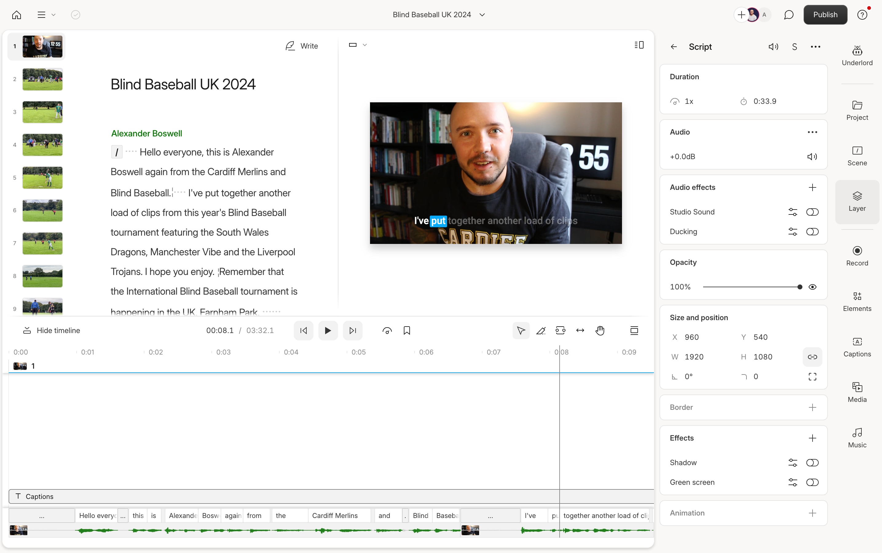 Screenshot of Descript software in-use