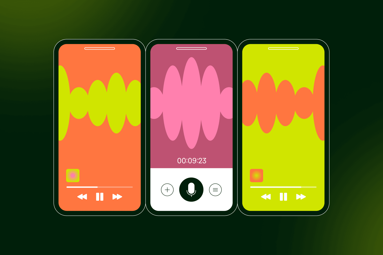 Three smartphones showing colorful audio waveforms with playback and recording controls.