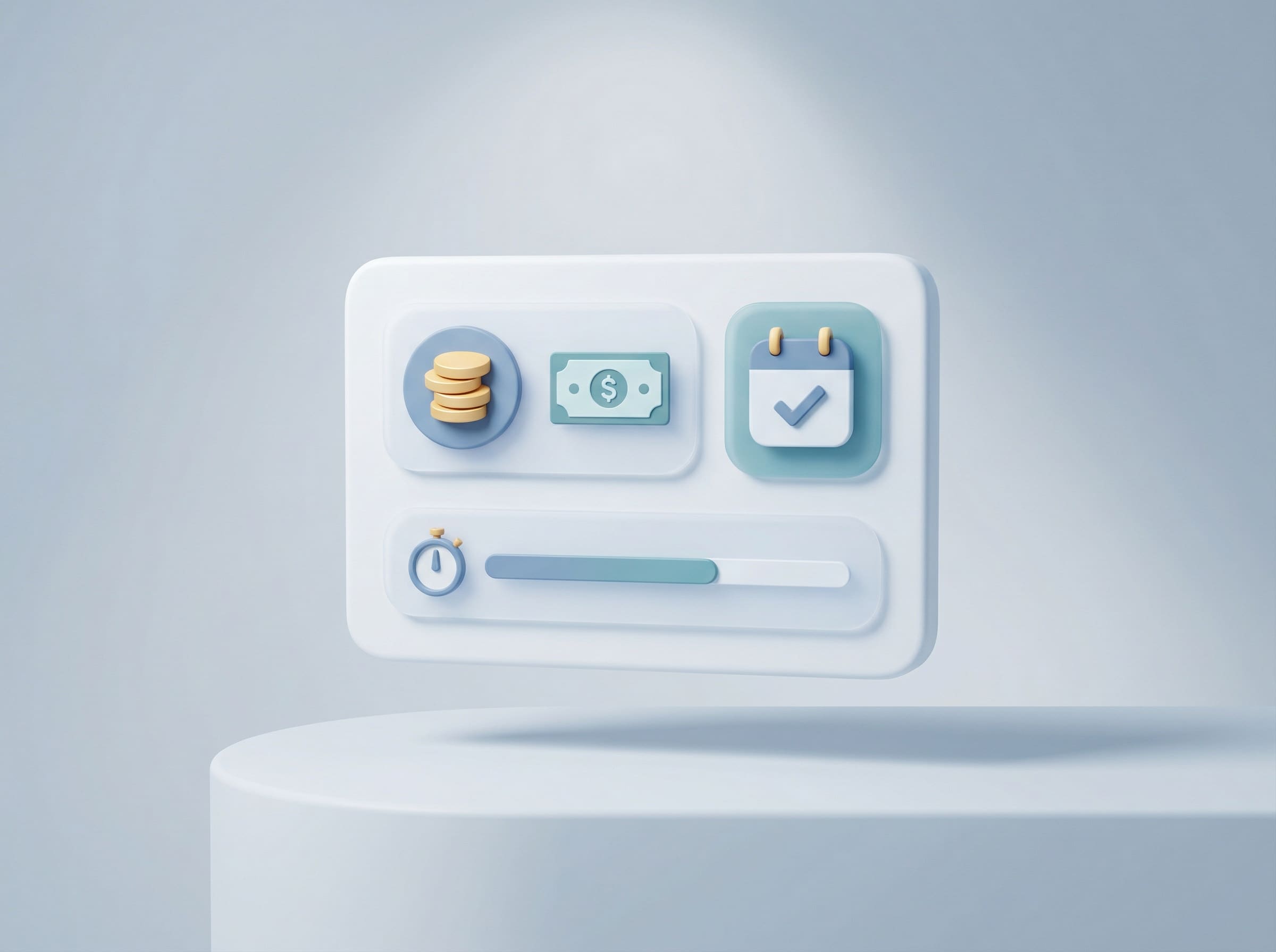 3D illustration of a finance dashboard with coins, cash, a calendar checkmark, and a progress bar