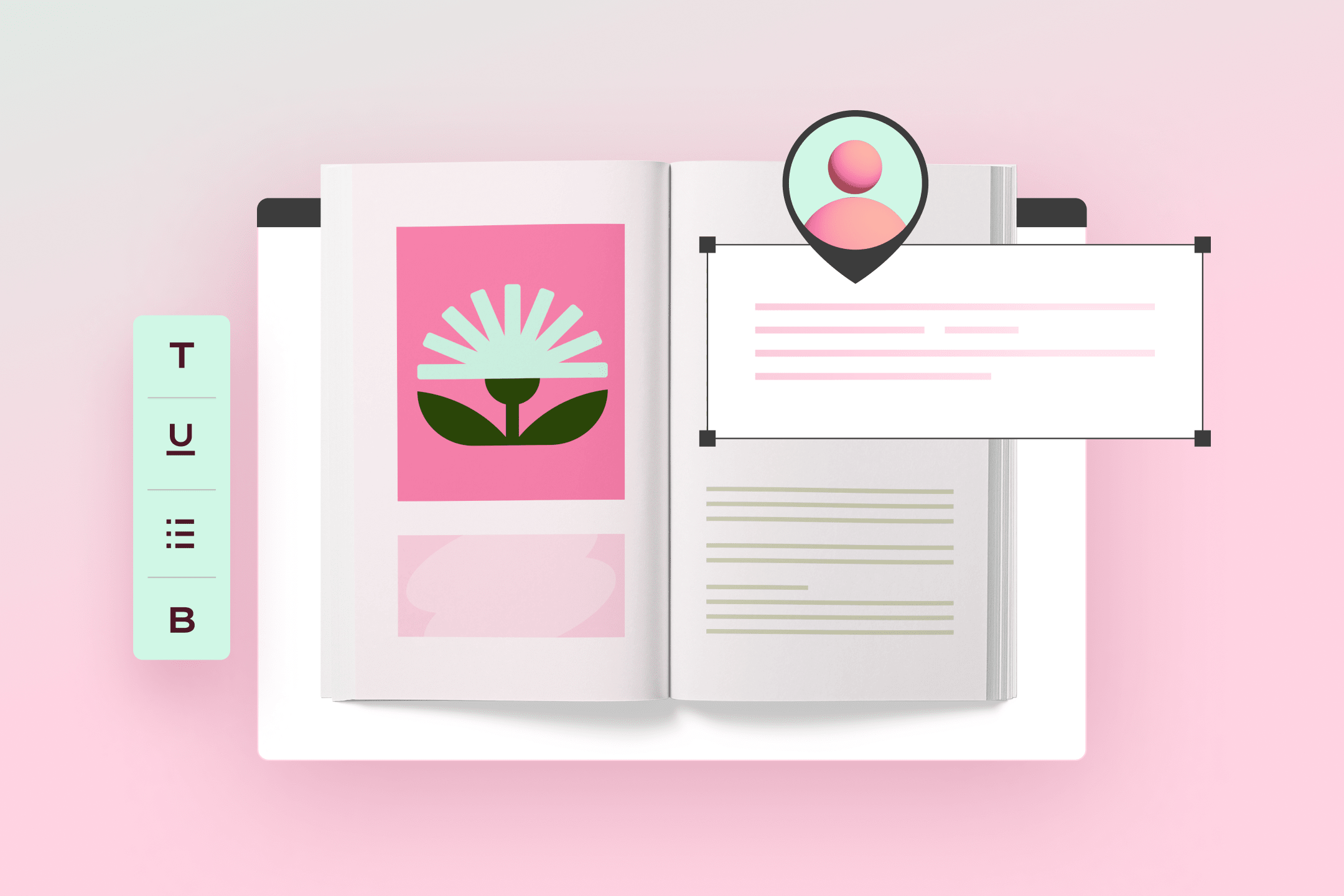 An open book with a flower graphic, a text box, and a profile icon on a pink background. Simple and creative An open book with a flower graphic, a text box, and a profile icon on a pink background. Simple and creative