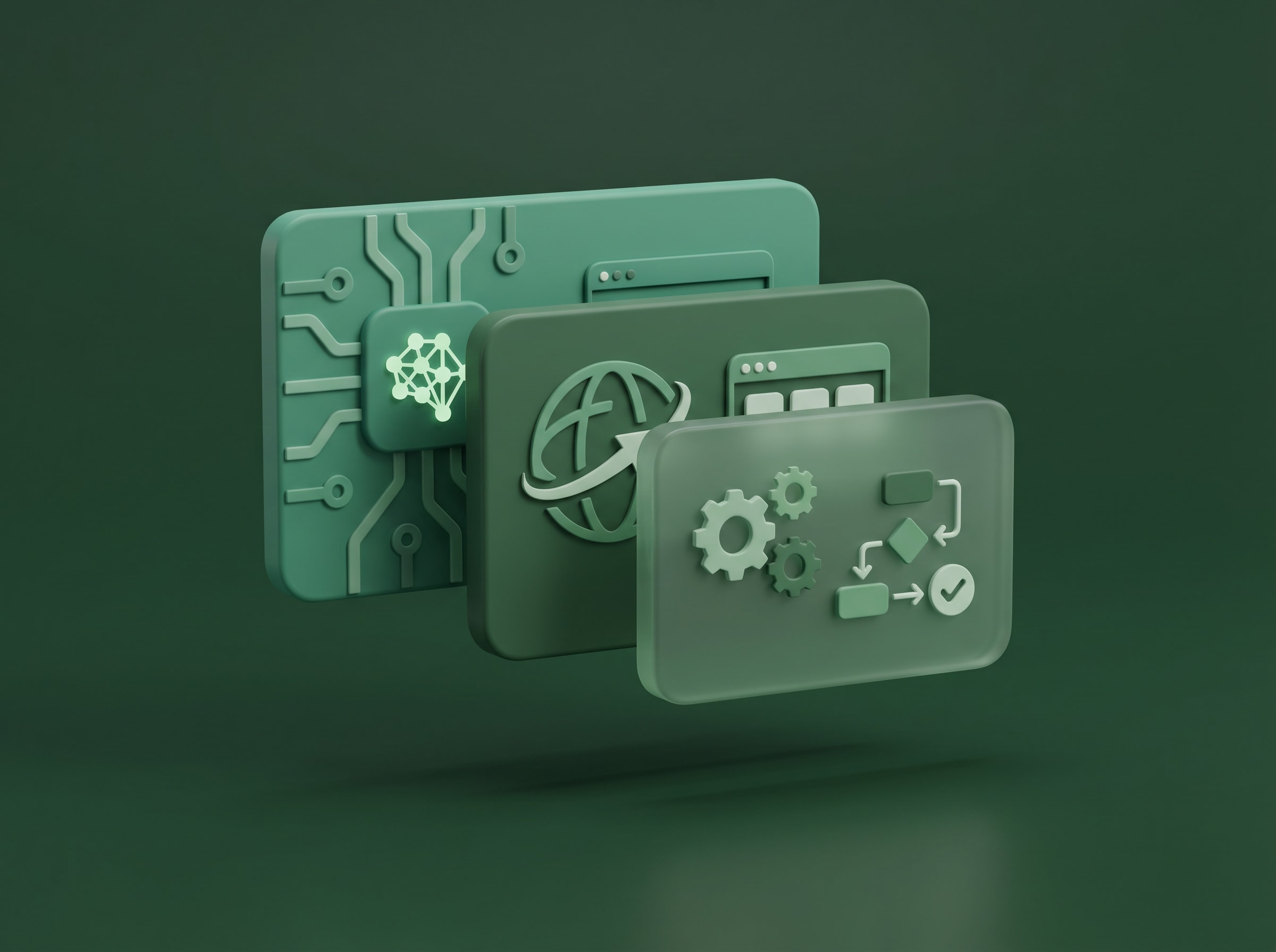 Three stacked 3D green cards with circuit, globe, and gear and workflow icons
