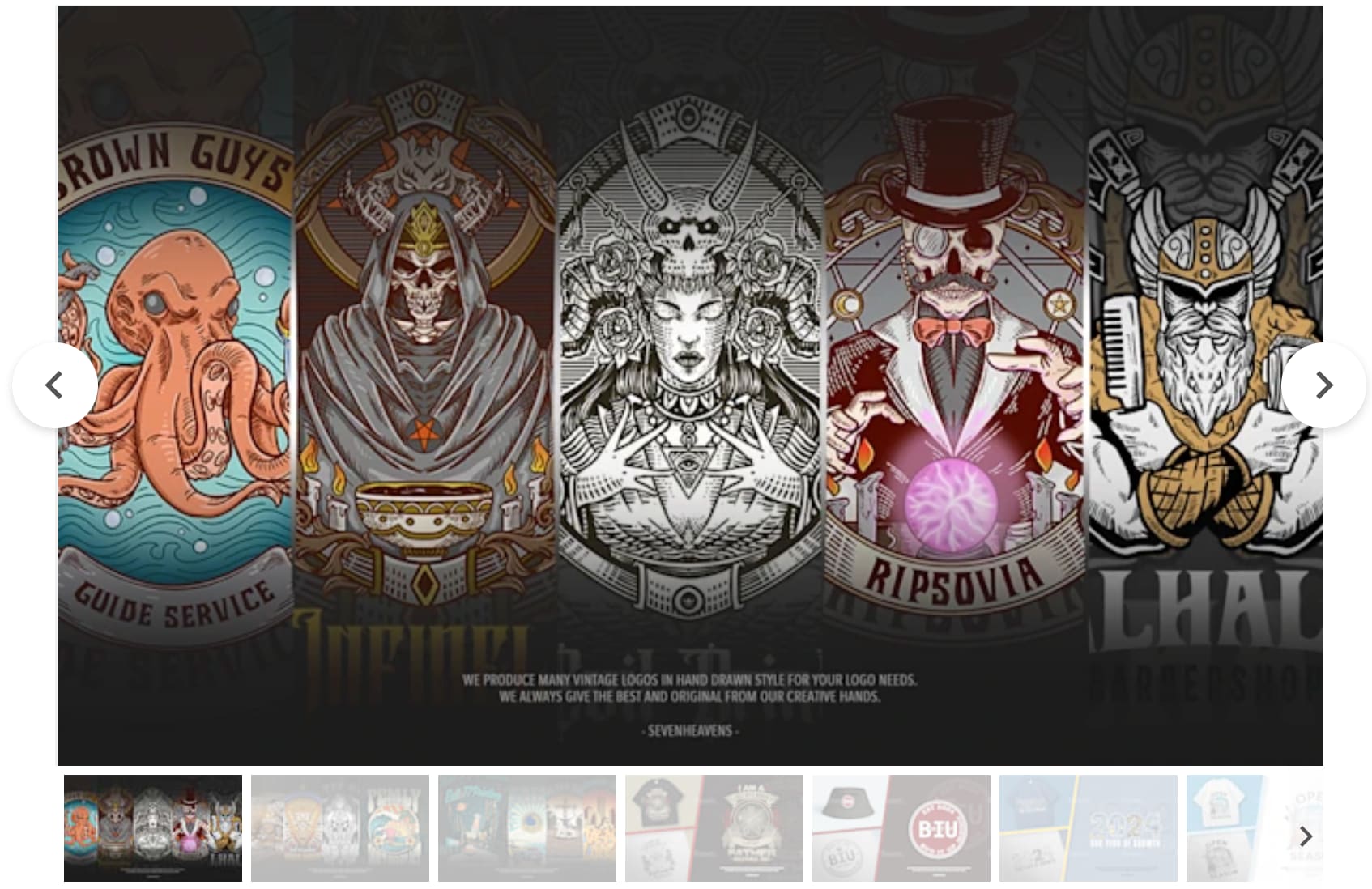 Five detailed vintage logos featuring intricate hand-drawn designs
