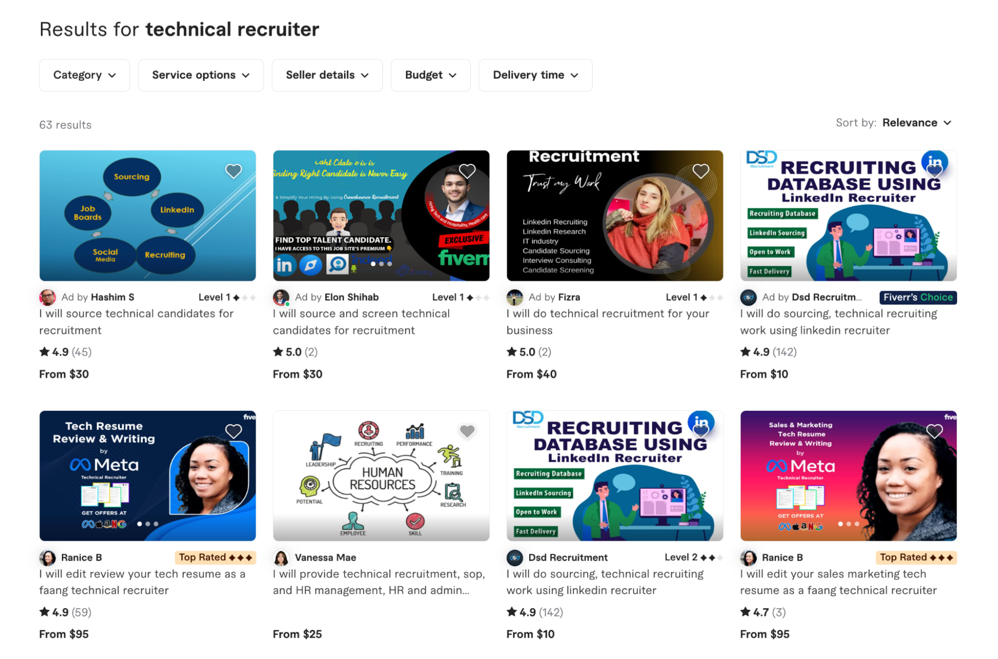 Results pages on Fiverr after searching for the keyword “technical recruiter”