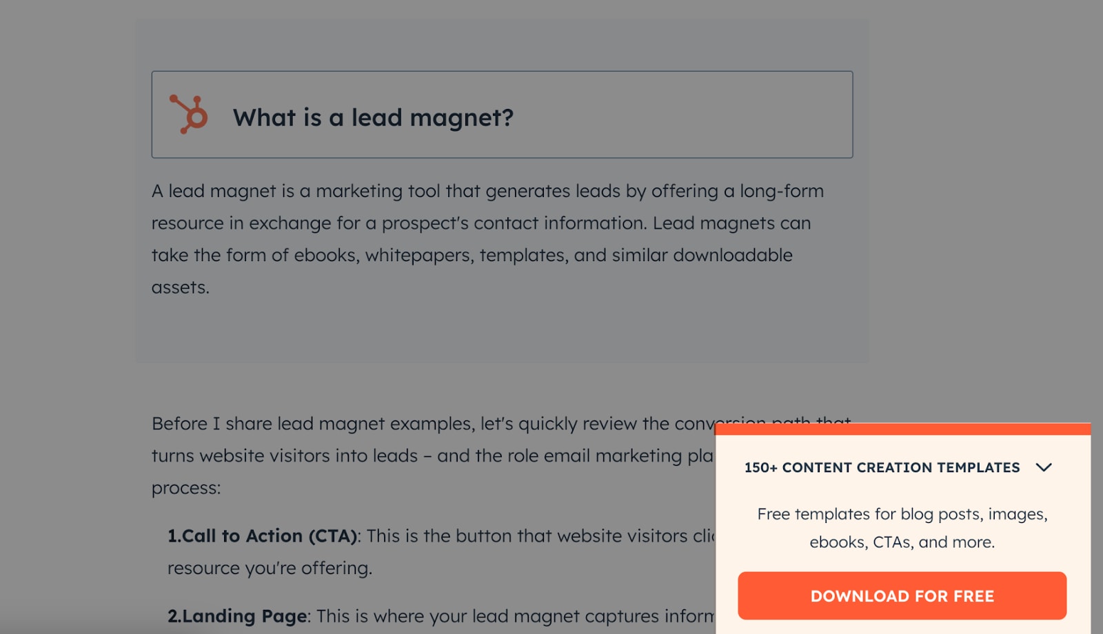 What is a lead magnet HubSpot screenshot