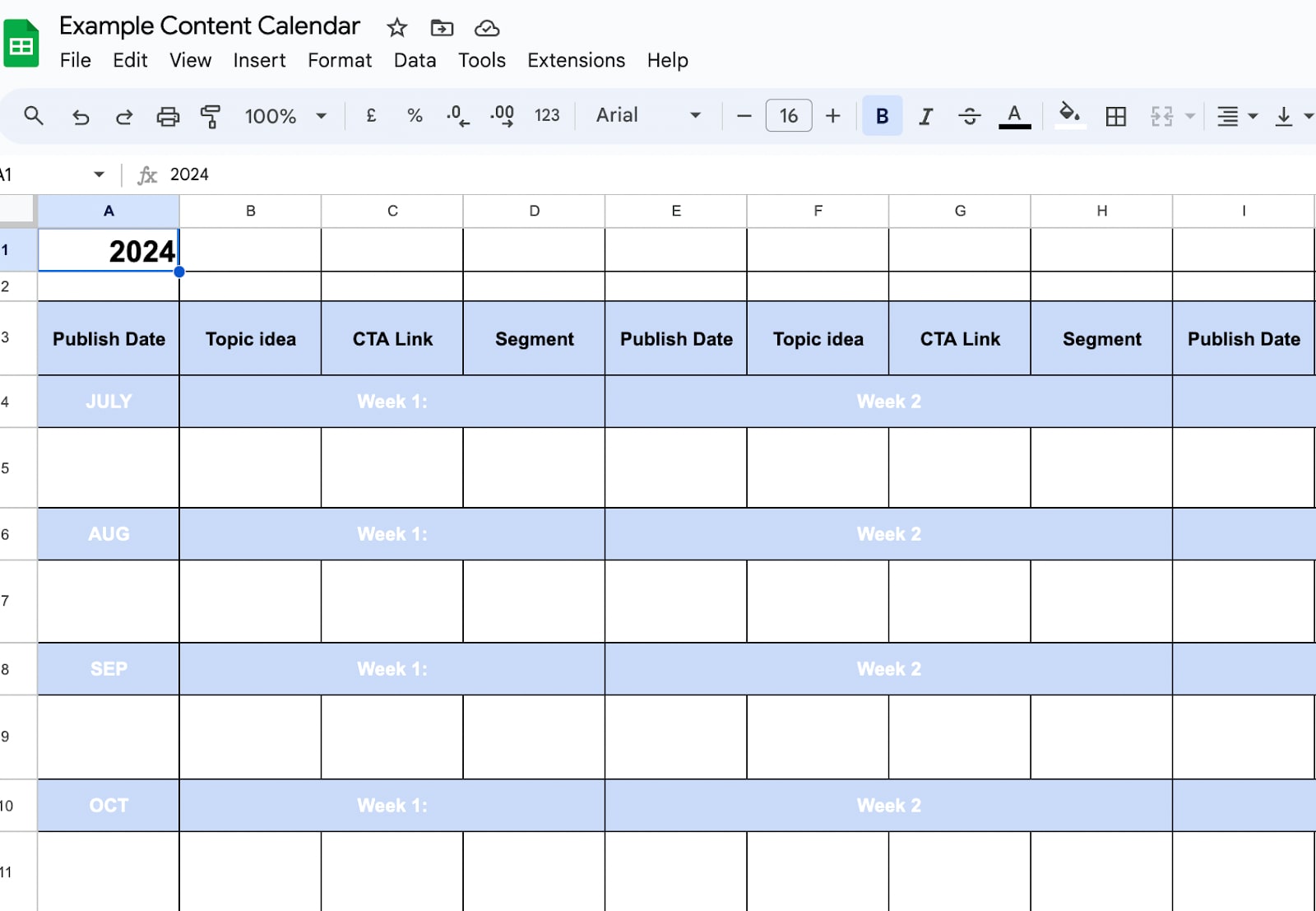Screenshot of email marketing content calendar sheet for 2024