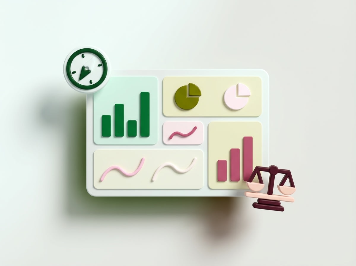 3D illustration of an analytics dashboard with bar and pie charts, trend lines, a clock icon, and a balance scale