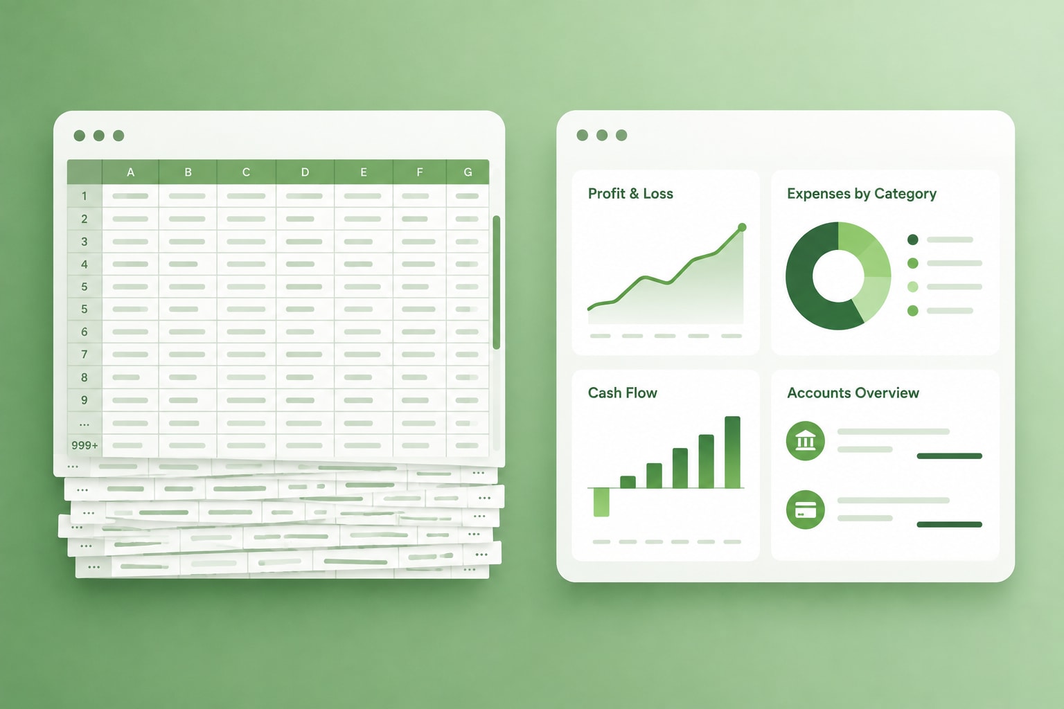 An overflowing spreadsheet next to a tidy financial dashboard