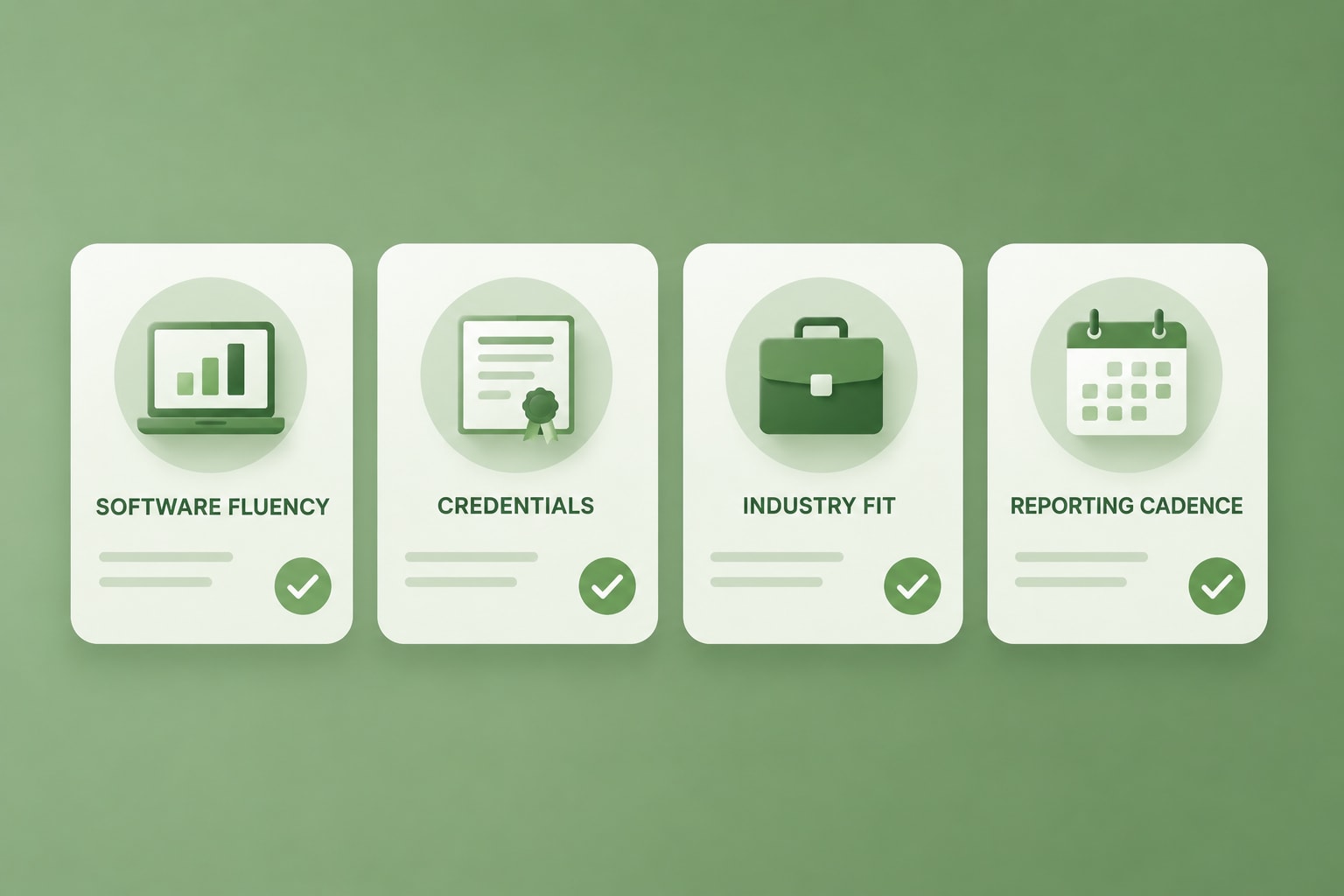 Icons for what to check in a bookkeeper: software fluency, credentials, industry fit, and reporting cadence