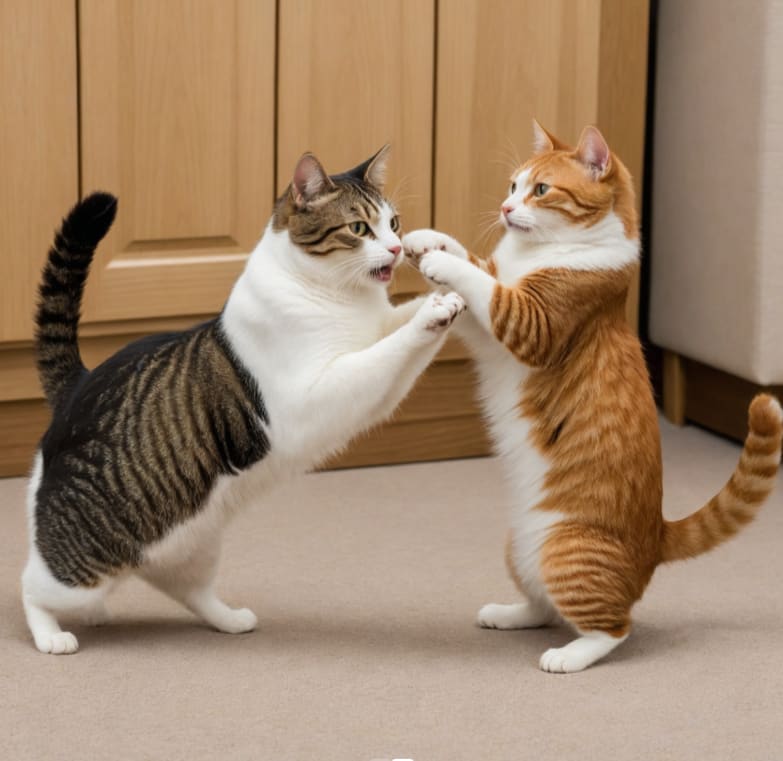 Two standing cats playing in a room generated by Midjourney