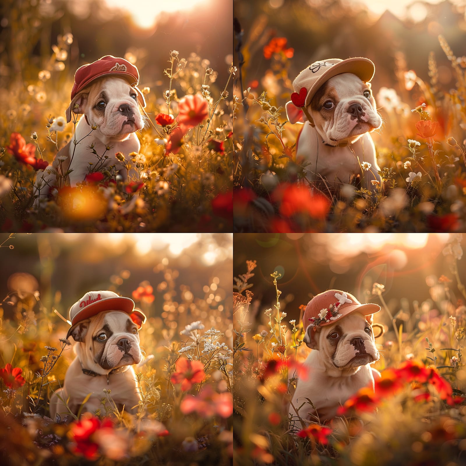 Midjourney image of 4 bulldogs with flowers in the nature variations