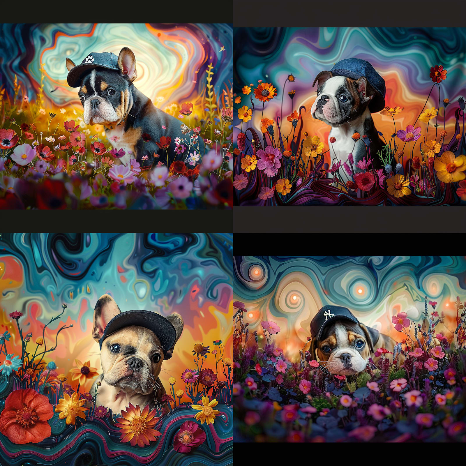 Midjourney generated 4 variations of cool colorful bulldogs