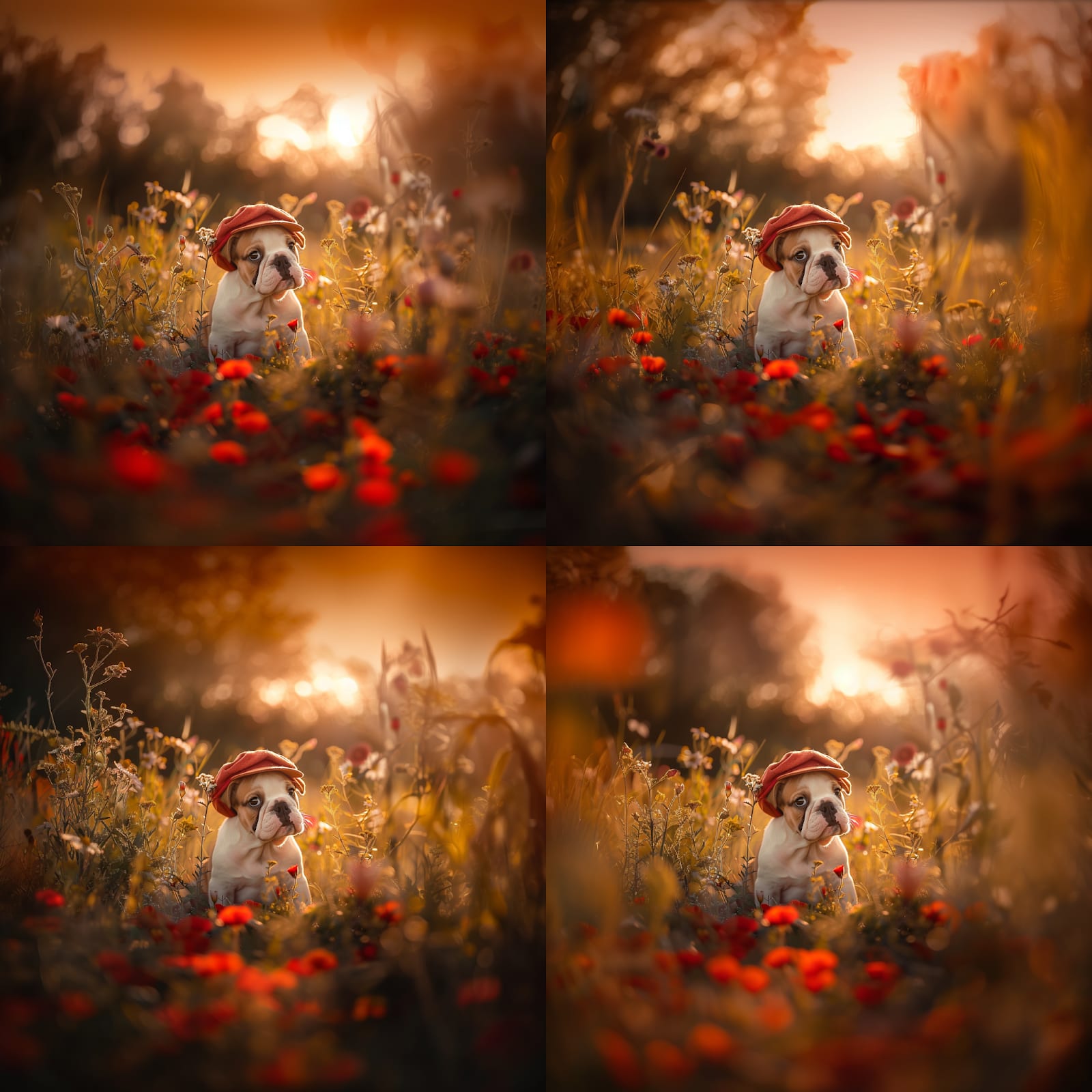 Midjourney image generated of 4 bulldogs in nature
