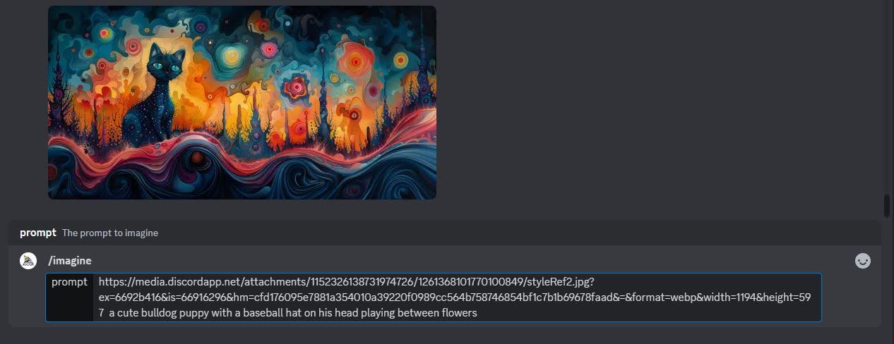Screenshot of discord Midjourney add prompt to an image with black cat and colorful background