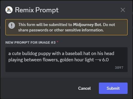 Screenshot Discord Midjourney remix prompt pop up