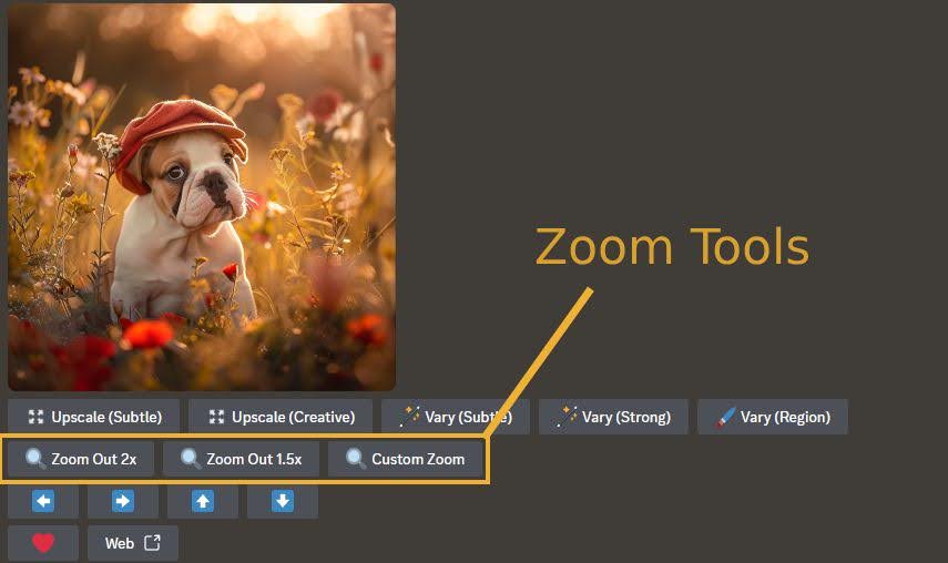 Screenshot of Midjourney zoom tools options highlighted