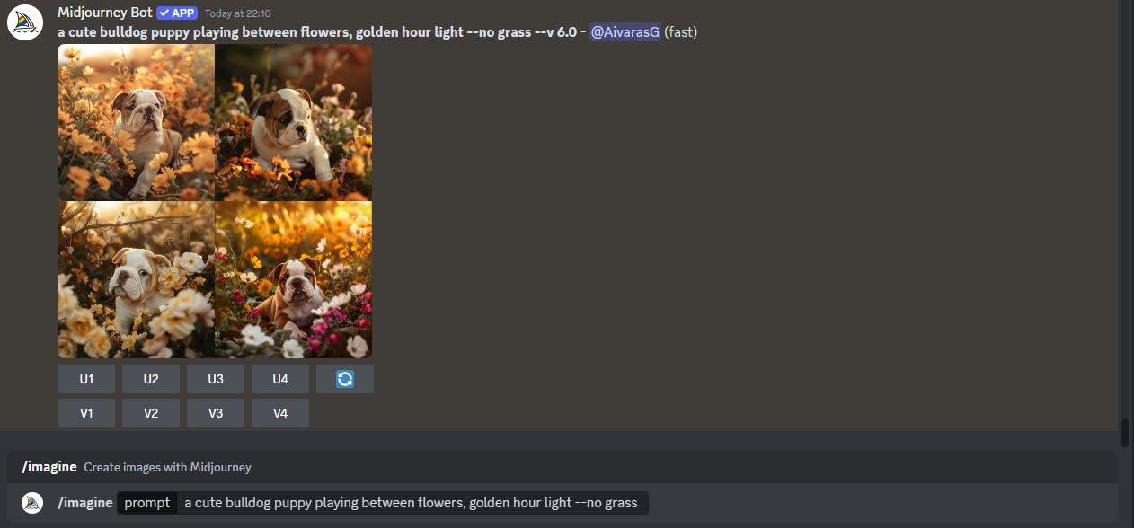 Screenshot Midjourney discord cute bulldogs puppies playing between flowers