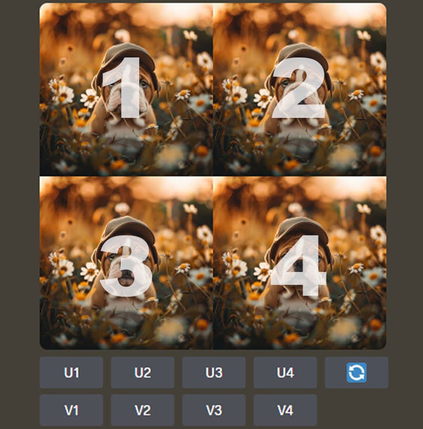 Screenshot midjourney discord of 4 images selection puppies