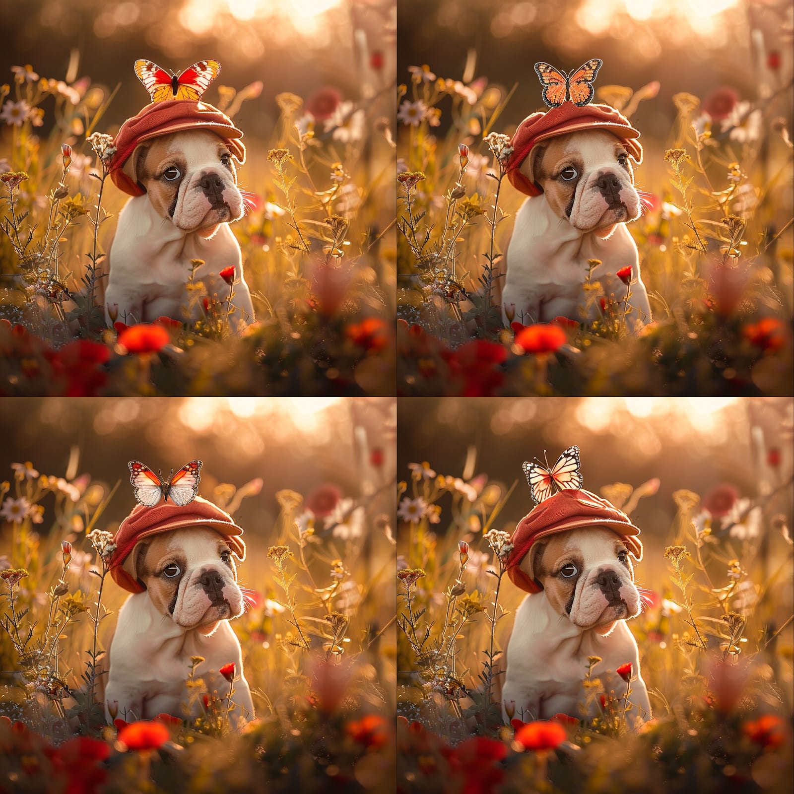 Midjourney image generated of 4 similar bulldog variation with hats and butterflies with flowers in the background
