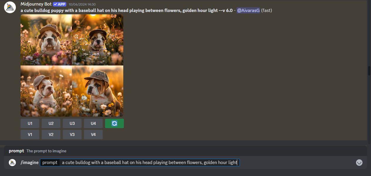 Screenshot Midjourney 4 different bulldogs puppy prompt