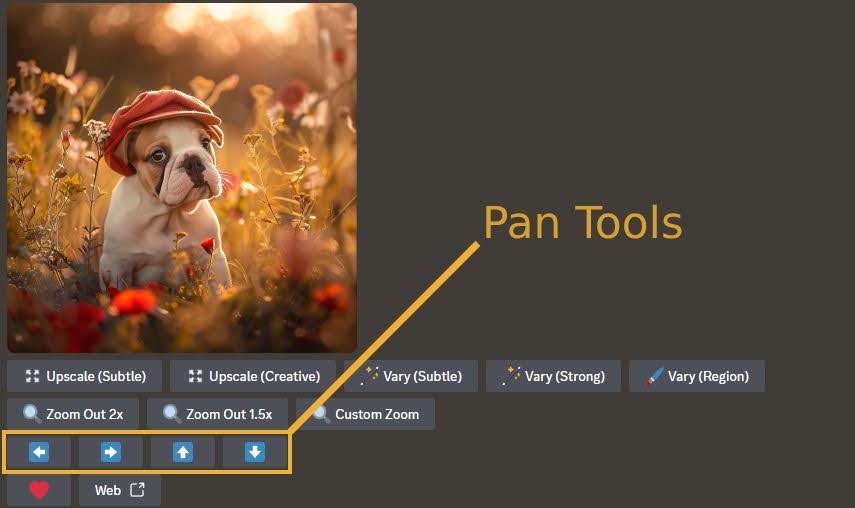 Screenshot of Midjourney pan tools highlighted with cute bulldog wearing red hat