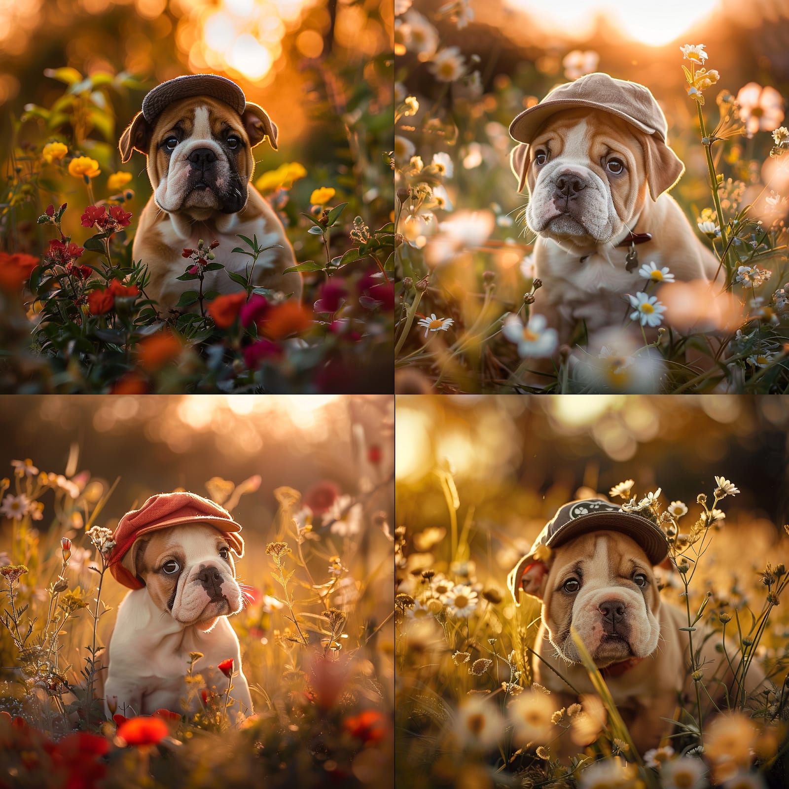 Midjourney image generated of 4 bulldogs with flowers variations