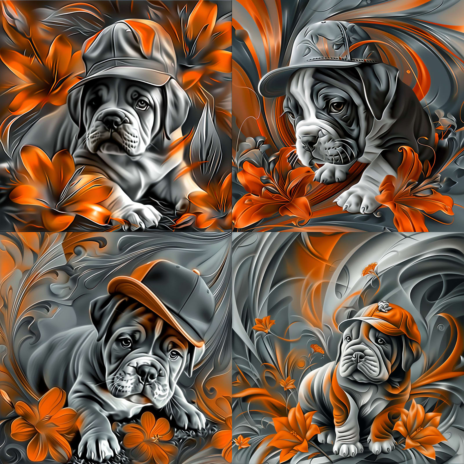 midjourney image of orange gray 4 variations bulldogs generated