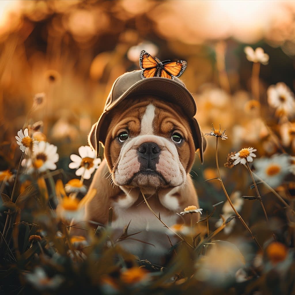 Midjourney image generated of bulldog puppy with hat and flowers background