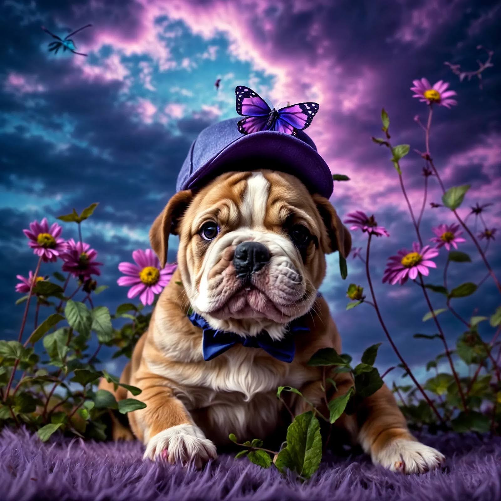 Midjourney image generated of realistic bulldog puppy with hat and purple sky and grass in the background