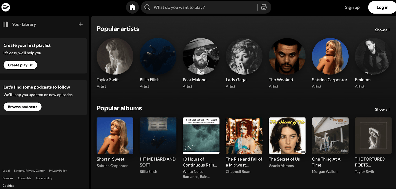 Spotify interface showing popular artists like Taylor Swift, Billie Eilish, and popular albums like Short n' Sweet